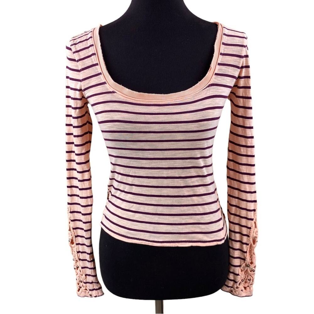 Free People Womens Boho Striped Jersey Knit T-Shirt with Lace Detail Size S